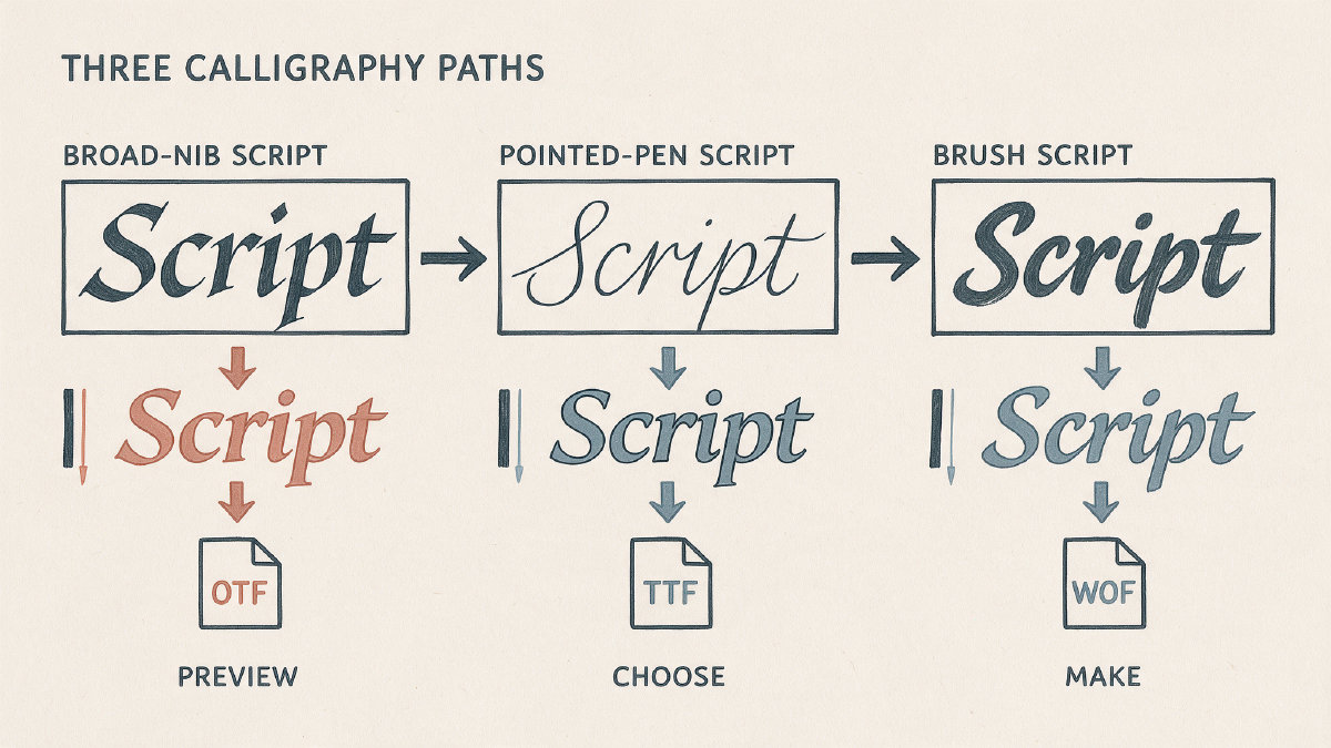 Diagram comparing broad-nib, pointed-pen and brush calligraphy paths for choosing or making a font
