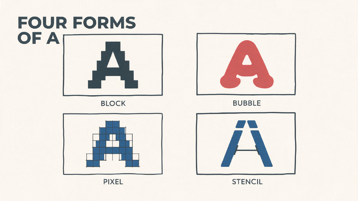 Four letter A styles compared: square block, rounded bubble, pixel grid and stencil forms