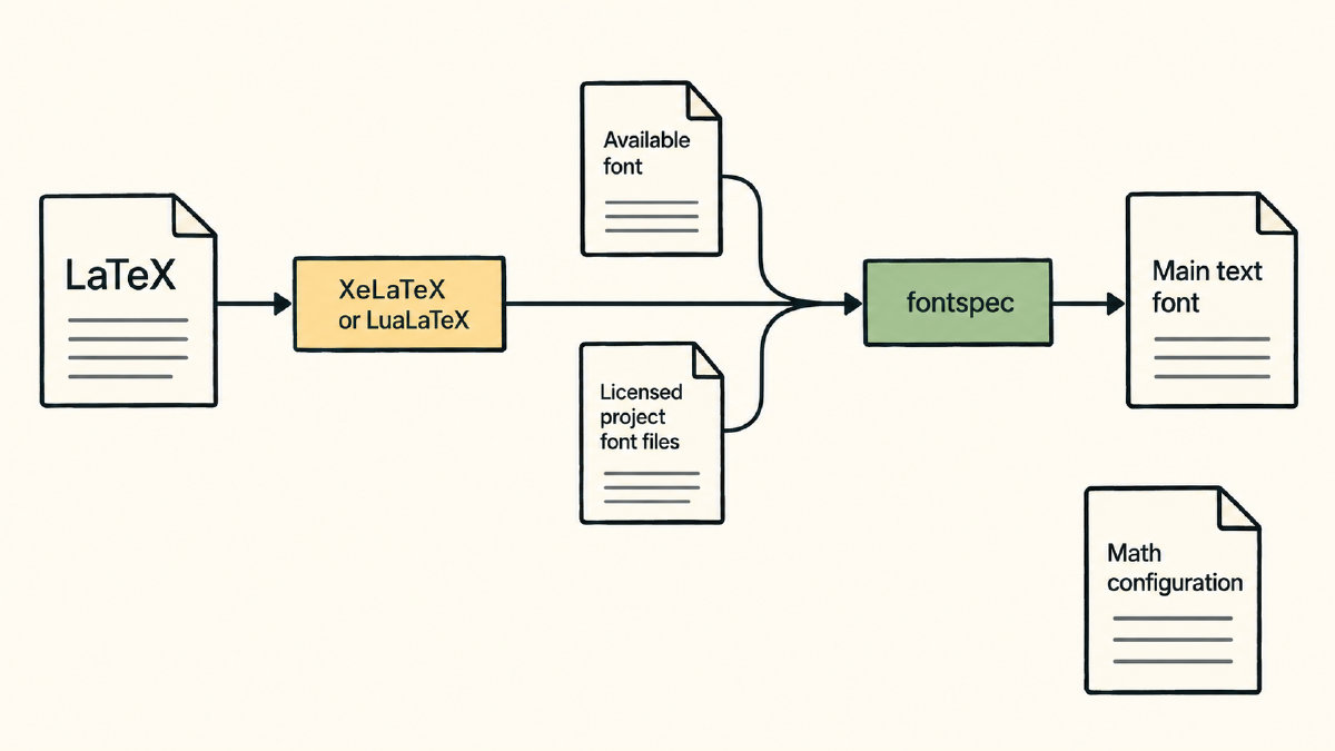 Diagram connecting XeLaTeX or LuaLaTeX and available font files through fontspec to the main text font, with math configuration shown separately.