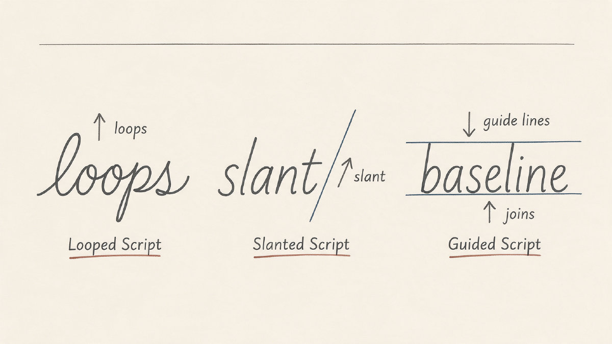 Diagram comparing looping script, slanted school handwriting, and handwriting with guide lines