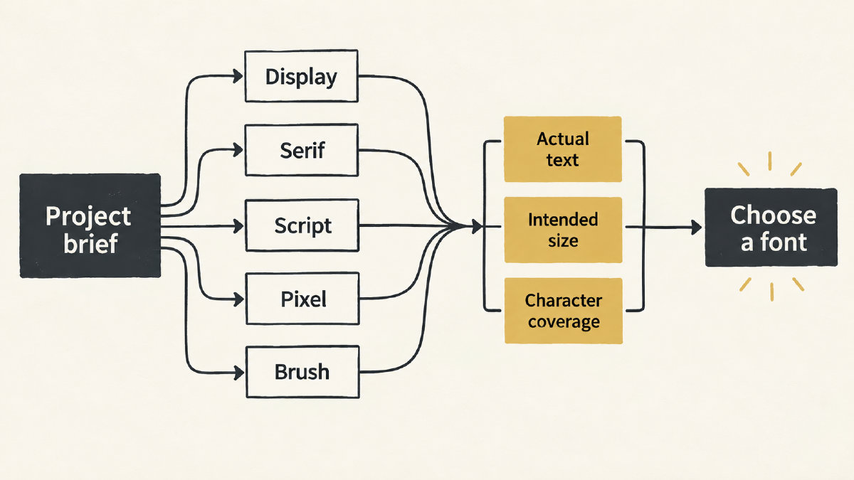 Font selection diagram connecting five style options to actual-text, size and character-coverage checks.