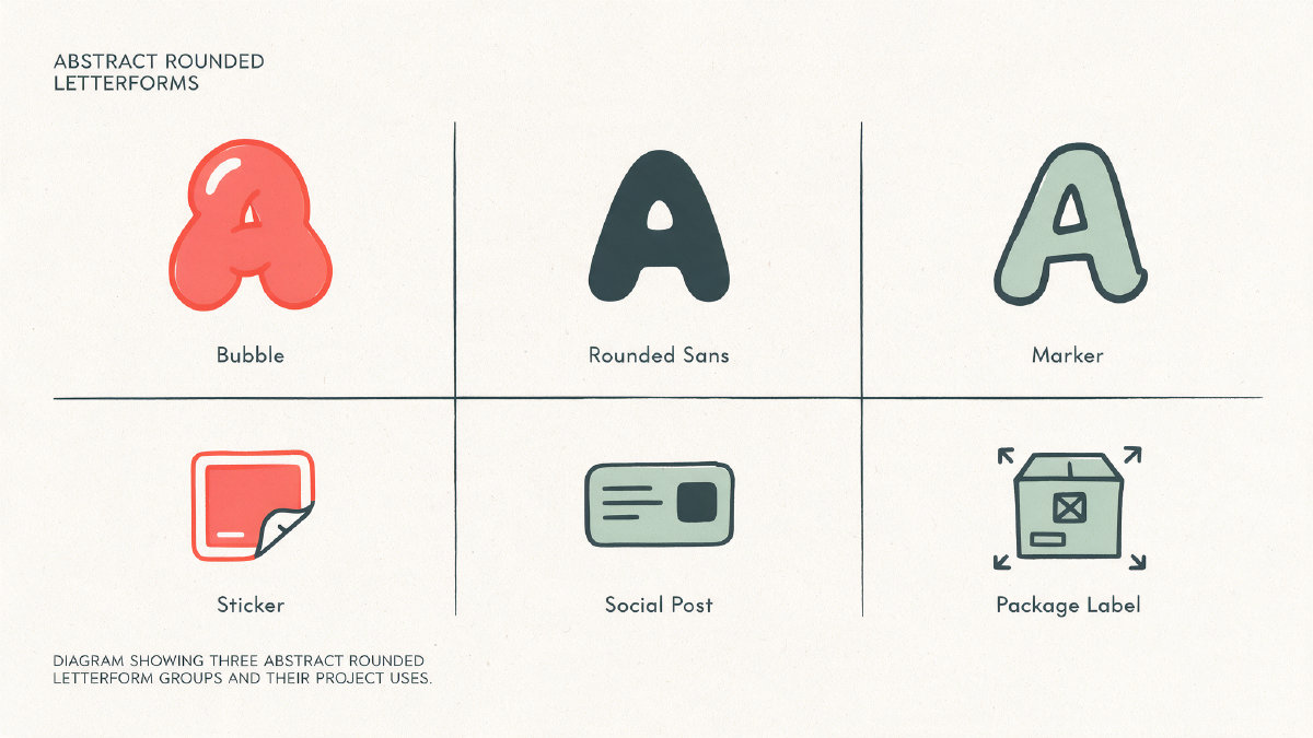 Diagram comparing bubble, rounded and marker-style cutesy letterforms with sticker, social and package project labels