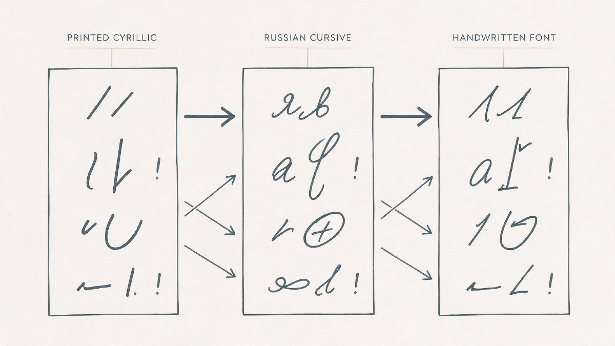 Diagram comparing printed Cyrillic, Russian cursive, and a handwritten font as related but distinct forms.