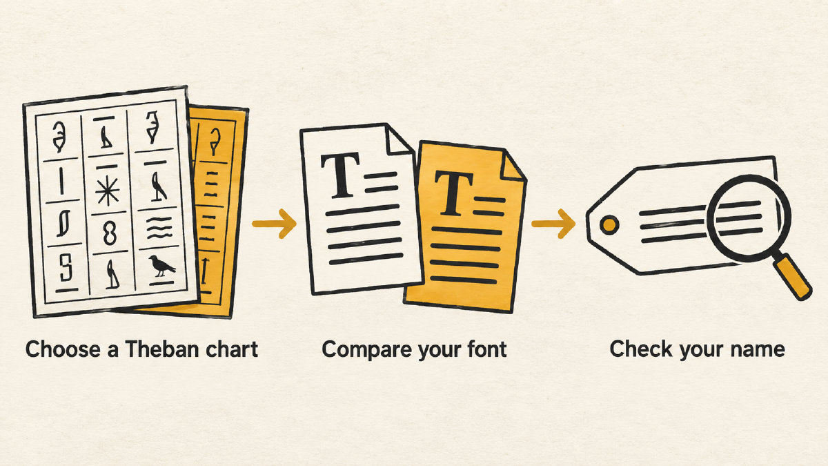 Three-step diagram for choosing a Theban chart, comparing a font and checking a name.