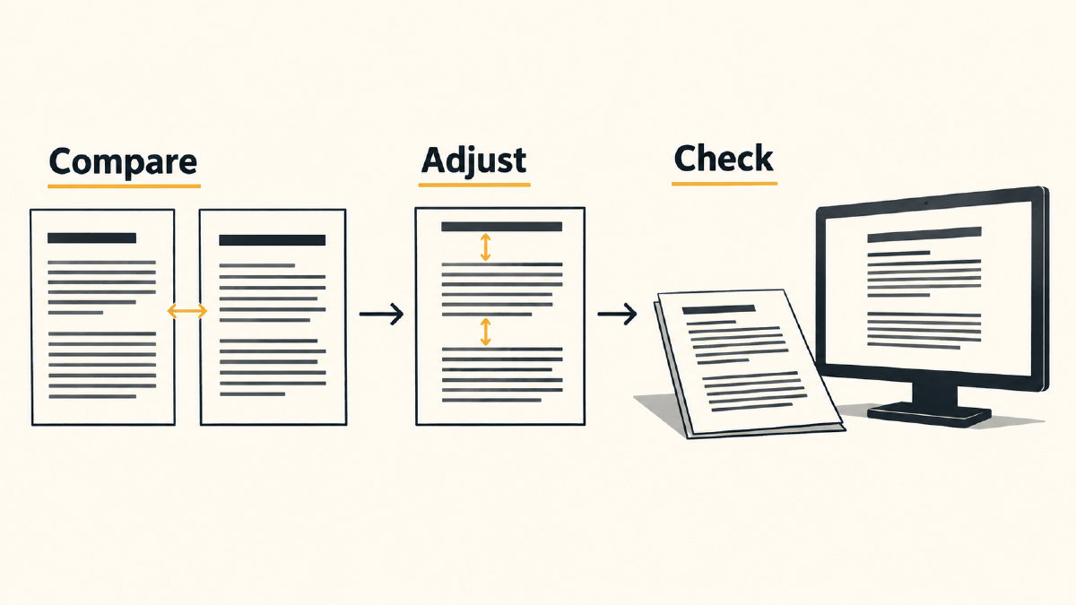 Diagram connecting font comparison, spacing adjustments and checks on paper and a display.
