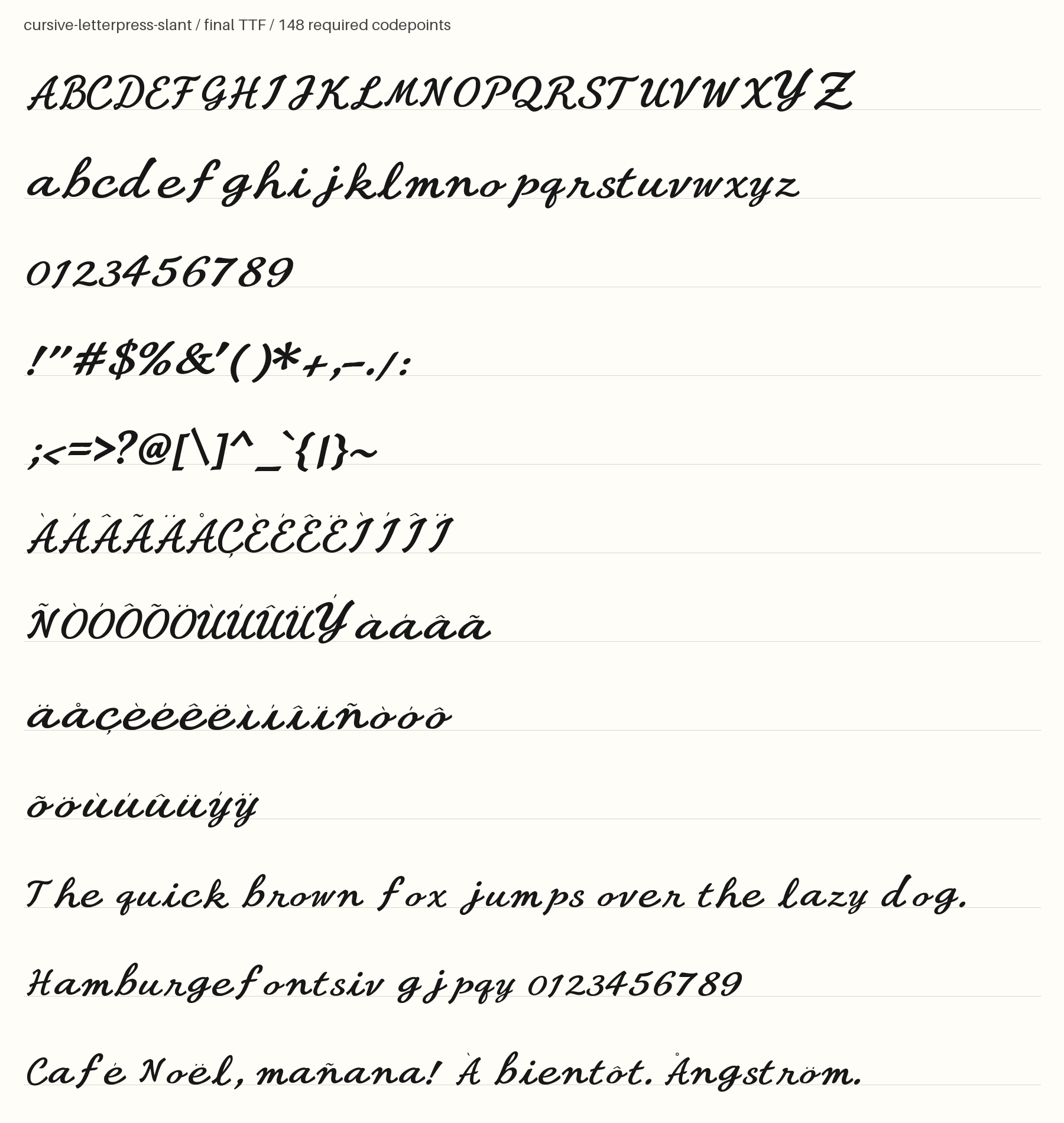 Cursive Letterpress Slant full-coverage specimen